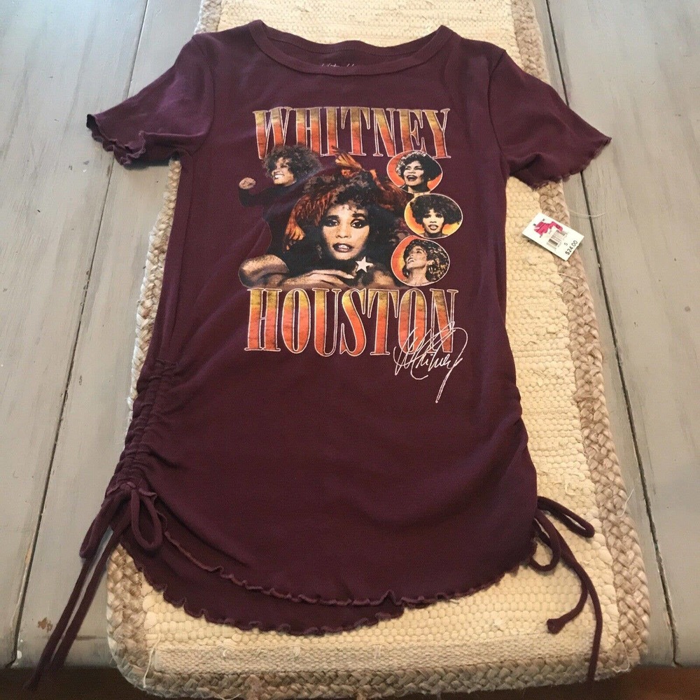 NWT Whitney Houston Maroon Graphic T Shirt Tie Cinch Sides Womens Sz S
